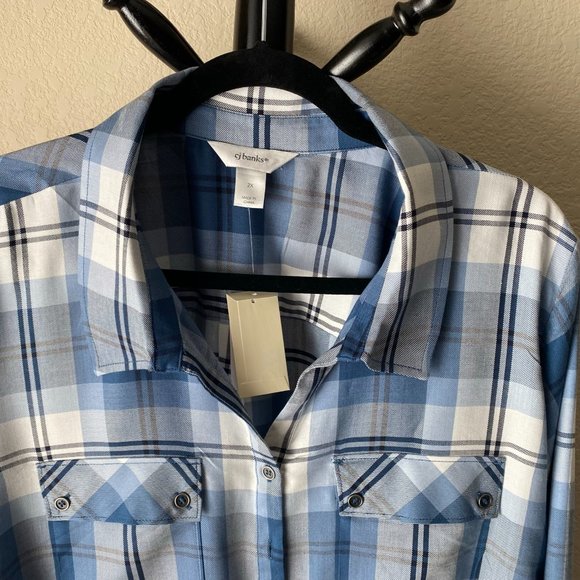 CJ Banks- Plaid Blue Long Sleeve Button Down, Size 2X - Picture 3 of 11